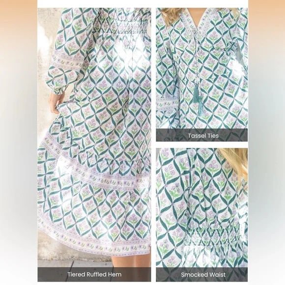 Sunny Spirit Maxi Boho Floral Print V Neck Flowy Tassel with Long Puff Sleeves. - Picture 16 of 16